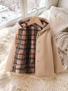 SHEIN Elladie kids 女嬰白色拼接格紋布料連帽前開襟時尚休閒外套，秋冬Y2K長袖上衣夾克 - 卡其色 - 查看 5