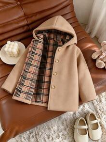 SHEIN Elladie kids 女嬰白色拼接格紋布料連帽前開襟時尚休閒外套，秋冬Y2K長袖上衣夾克 - 卡其色 - 查看 4