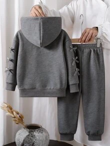SHEIN Genkimix Kids 女童蝴蝶結裝飾連帽外套與長褲套裝 休閒秋季穿搭 - 淺灰色 - 查看 2