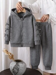 SHEIN Genkimix Kids 女童蝴蝶結裝飾連帽外套與長褲套裝 休閒秋季穿搭 - 淺灰色 - 查看 4