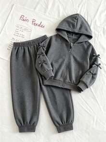 SHEIN Genkimix Kids 女童蝴蝶結裝飾連帽外套與長褲套裝 休閒秋季穿搭 - 淺灰色 - 查看 1