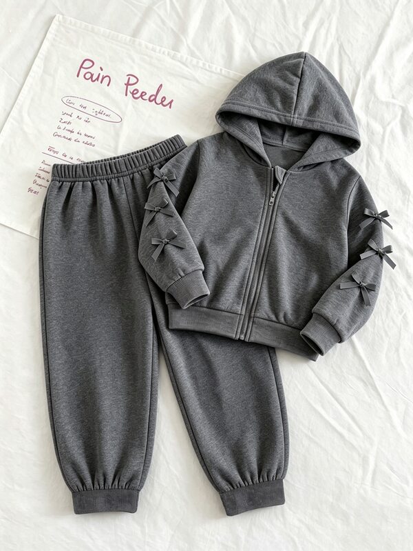 SHEIN Genkimix Kids Young Girl Solid Color Drop Shoulder Long Sleeve Bowknot Decor Hooded Sweatshirt And Pants Set