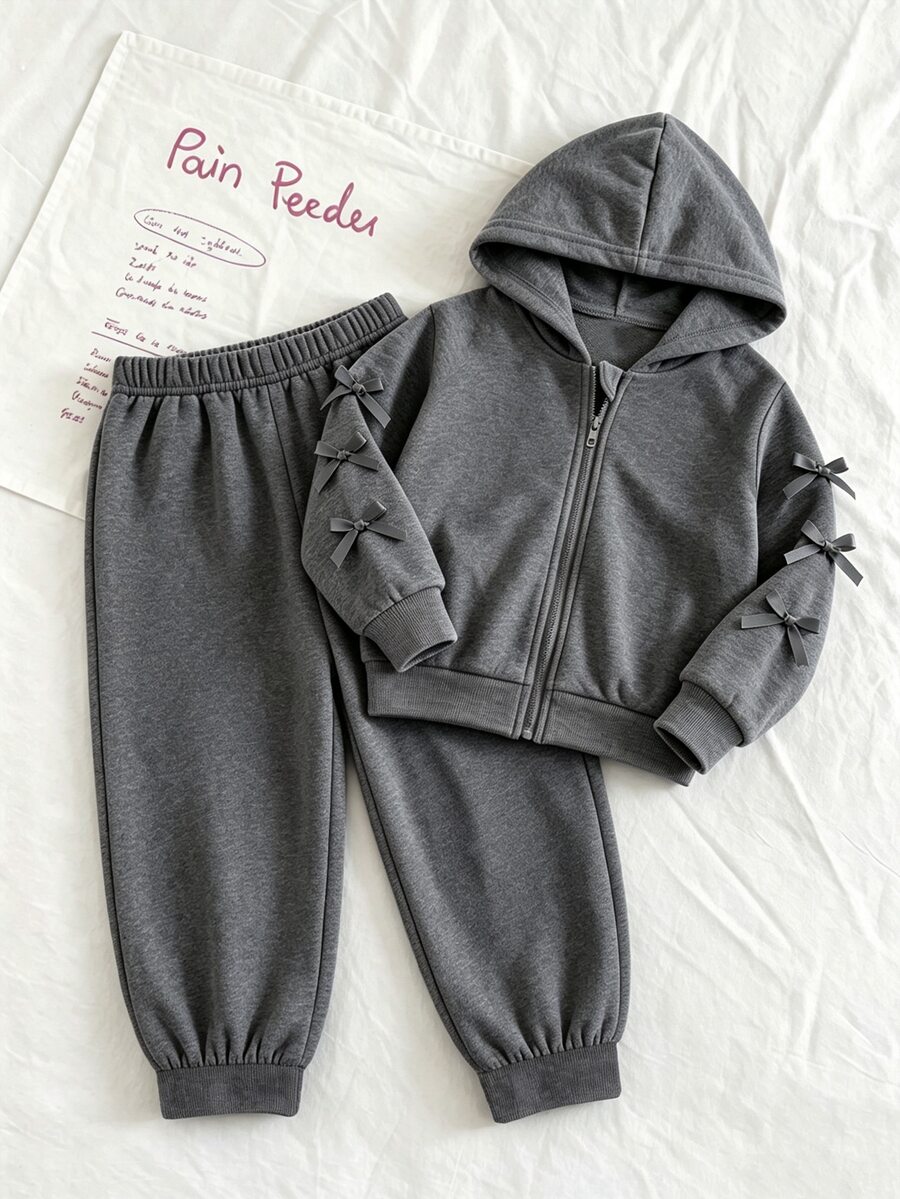 SHEIN Genkimix Kids 女童蝴蝶結裝飾連帽外套與長褲套裝 休閒秋季穿搭 - 淺灰色 - 查看 1