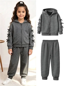 SHEIN Genkimix Kids 女童蝴蝶結裝飾連帽外套與長褲套裝 休閒秋季穿搭 - 淺灰色 - 查看 7
