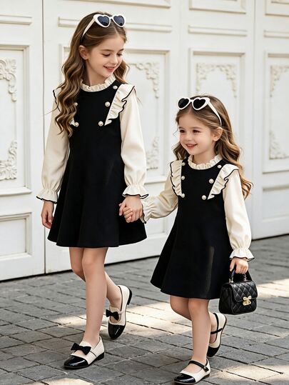 SHEIN Elladie kids Toddler Girl Contrast Ruffle Trim Double Breasted 2 In 1 Flared Dress, Cute Flounce Sleeve Mock Neck Knit A-Line Dress For Autumn 7th Birthday Autumn