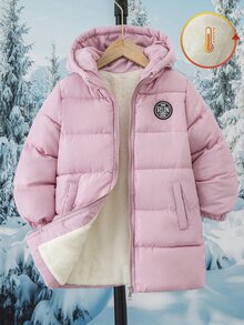 SHEIN Elladie kids 1件少女中長版長袖棉質加厚外套，內層刷毛，舒適保暖，純色 - 淺粉色 - 查看 10