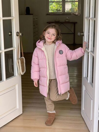SHEIN Elladie kids معطف قطني مبطن بطول متوسط وأكمام طويلة للفتيات الصغيرات، مبطن بالصوف الناعم، مريح ودافئ، بلون موحد، 1 قطعة