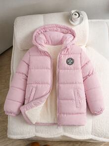 SHEIN Elladie kids 1件少女中長版長袖棉質加厚外套，內層刷毛，舒適保暖，純色 - 淺粉色 - 查看 5