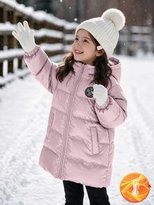 SHEIN Elladie kids 1件少女中長版長袖棉質加厚外套，內層刷毛，舒適保暖，純色 - 淺粉色 - 查看 4