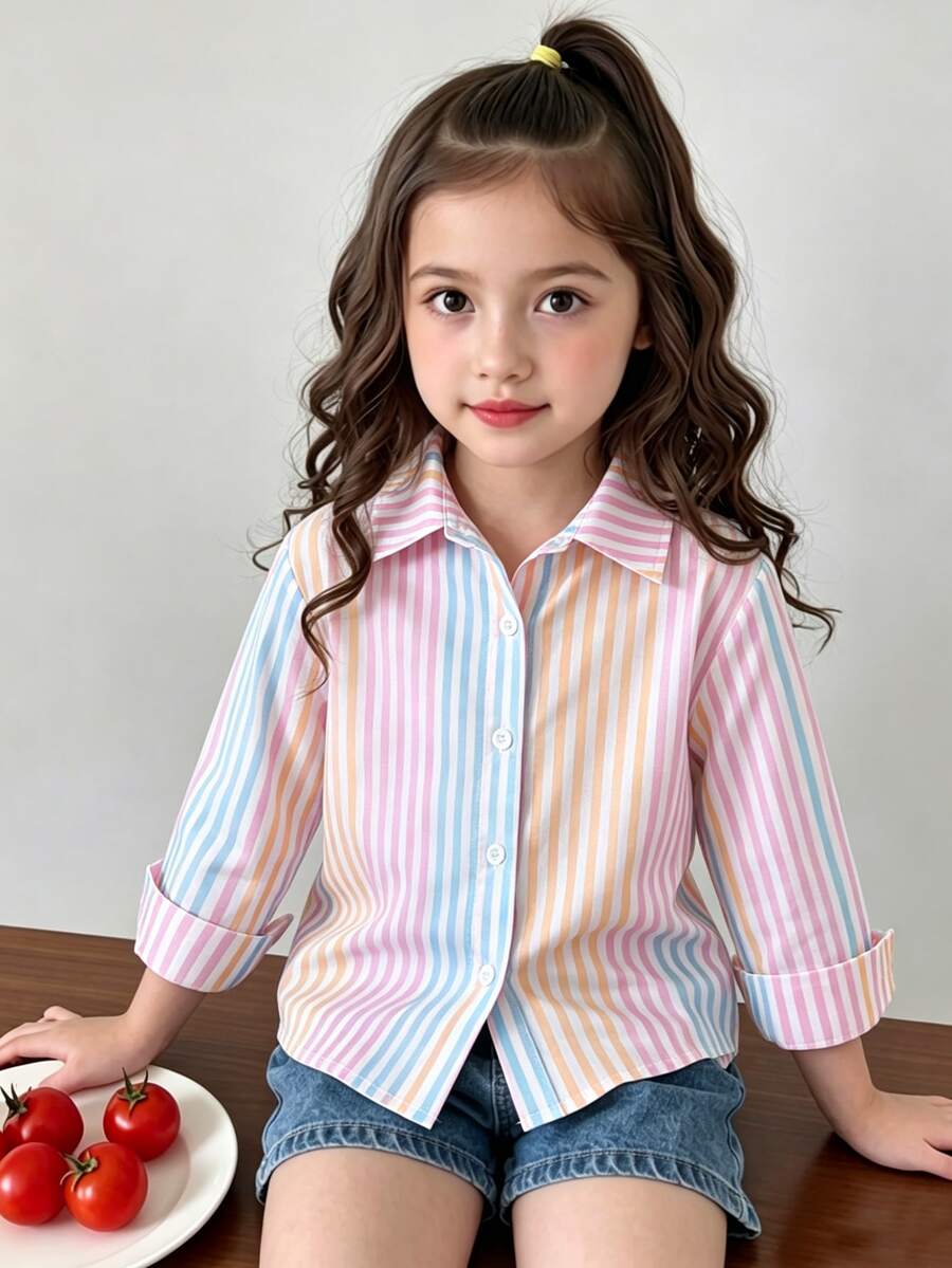 SHEIN Elladie kids 女童新款白色休閒時尚襯衫，單件，梭織布料，數位印花圖案，長袖，翻領設計，返校秋季款