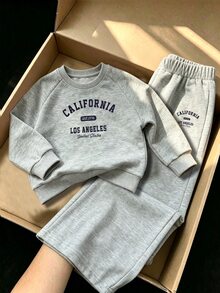 SHEIN Elladie kids Casuvi 童裝灰色英文印花針織套頭衛衣與寬腿褲套裝，秋冬運動套裝，秋冬日常穿搭 - 灰色 - 查看 3