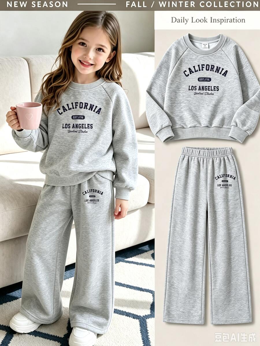 SHEIN Elladie kids Casuvi 童裝灰色英文印花針織套頭衛衣與寬腿褲套裝,秋冬運動套裝,秋冬日常穿搭 - 灰色 - 查看 1