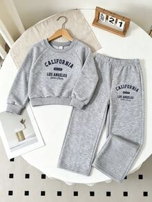 SHEIN Elladie kids Casuvi 童裝灰色英文印花針織套頭衛衣與寬腿褲套裝，秋冬運動套裝，秋冬日常穿搭 - 灰色 - 查看 6