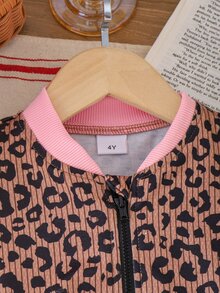 SHEIN 少女時尚拼色馬匹印花短版寬鬆長袖立領拉鍊機車棒球夾克，適合秋季校園穿搭 - 棕色 - 查看 7