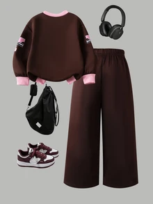 SHEIN Elladie kids 女童休閒時尚 Academy California Digital 23 圖案長袖衛衣與咖啡棕色長褲 2 件套，秋冬大學風圓領長袖休閒衛衣套裝 - 咖啡棕 - 查看 3
