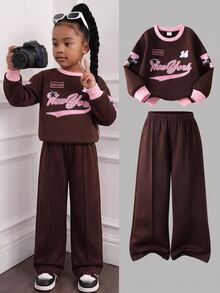 SHEIN Elladie kids 女童休閒時尚 Academy California Digital 23 圖案長袖衛衣與咖啡棕色長褲 2 件套，秋冬大學風圓領長袖休閒衛衣套裝 - 咖啡棕 - 查看 2