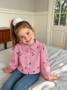 Elladie kids 女童秋季白色櫻桃上衣，簡約俏皮，時尚百搭，適合日常穿著與戶外活動 - 粉色 - 查看 8