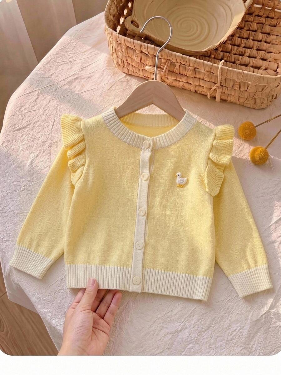 SHEIN Fall Clothes Winter Toddler Girl Yellow Long Sleeve Knit Cardigan, Perfect For Back To School, Cozy Soft, Festival Outfits Christmas Everyday - Yellow - View 1