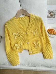 Fashionable Cute Yellow Plaid Knit Cardigan With Bow For Little Girls - Pink - View 5