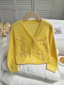 Fashionable Cute Yellow Plaid Knit Cardigan With Bow For Little Girls - Pink - View 3