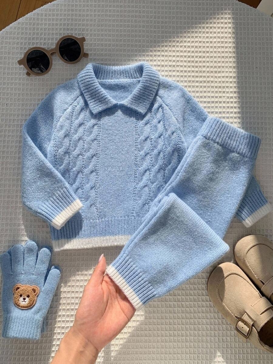 Souflis Fall Clothes Winter Baby Boys Light Blue Long Sleeve Sweater & Pants Set, Back To School, Cozy Soft, Festival Outfits Christmas Casual Daily Wear - Baby Blue - View 1