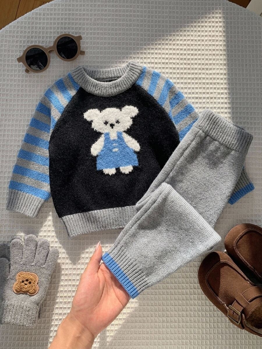 Souflis Fall Clothes Winter Baby Boys Blue Round Neck Long Sleeve Animal Jacquard Sweater & Pants Set, Back To School, Cozy Soft, Festival Outfits Christmas - Blue - View 1