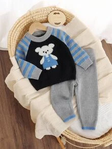 Souflis Fall Clothes Winter Baby Boys Blue Round Neck Long Sleeve Animal Jacquard Sweater & Pants Set, Back To School, Cozy Soft, Festival Outfits Christmas - Blue - View 7