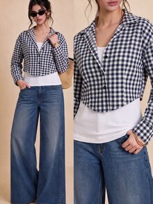 Selenza Women's Plaid Long Sleeve Single-Breasted Casual Shirt - Blue - View 3