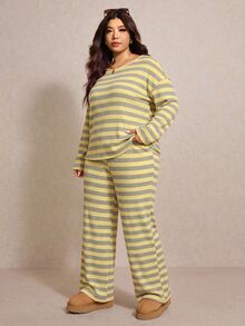 Elaquor 大尺碼條紋拼接圓領長袖上衣與收腰長褲兩件套 秋冬女款休閒條紋套裝 - 彩色 - 查看 4