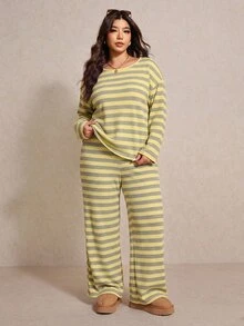 Elaquor 大尺碼條紋拼接圓領長袖上衣與收腰長褲兩件套 秋冬女款休閒條紋套裝 - 彩色 - 查看 5