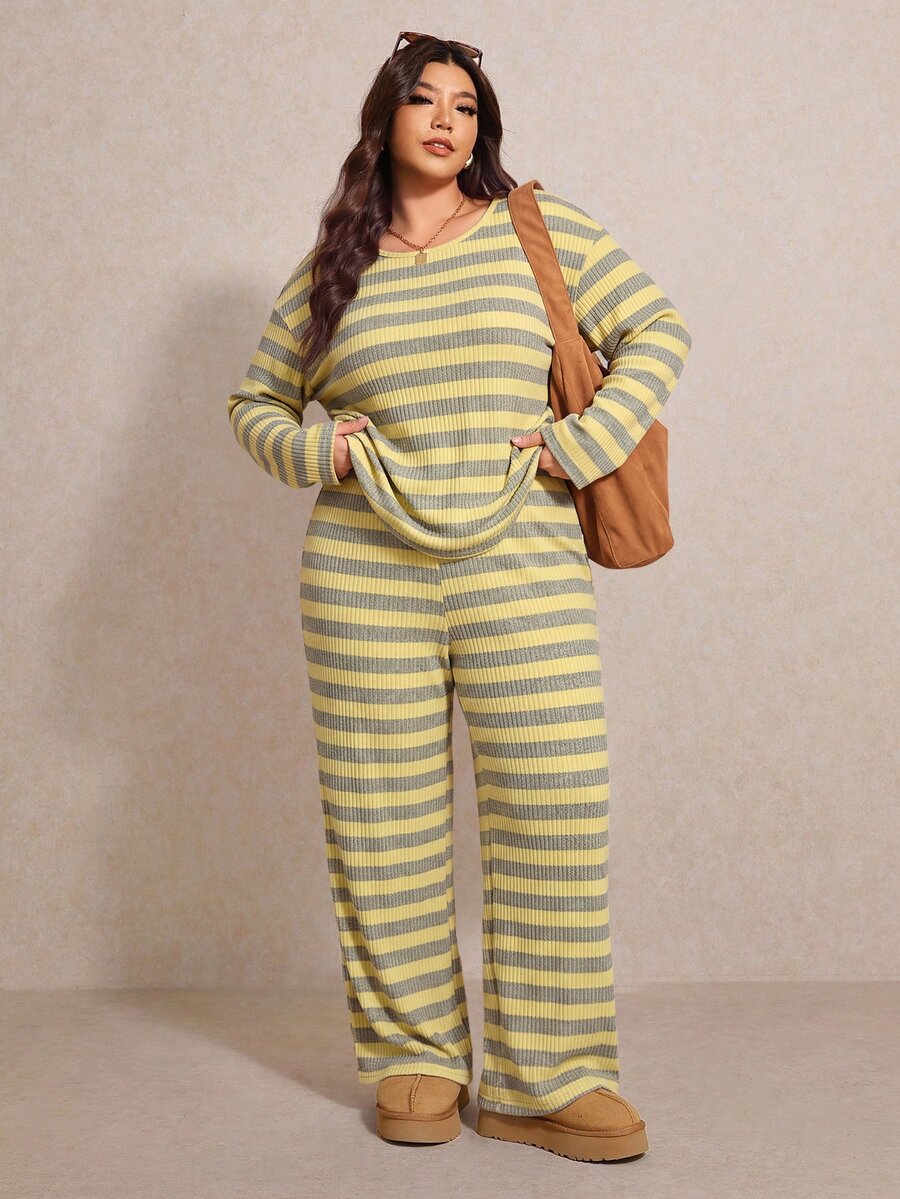 Elaquor Plus Size Striped Colorblock Crew Neck Long Sleeve Top And Cinched Waist Pants 2 Pieces Set Fall/Winter 2 Pieces Set For Women Casual Striped Sets