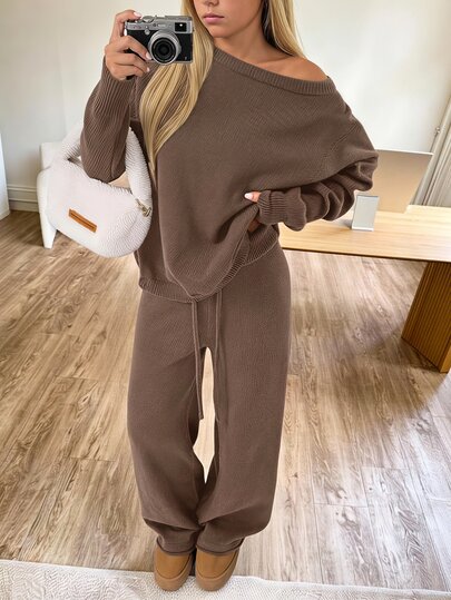 SHEIN Tween Girl Autumn/Winter Casual Retro Preppy Khaki Loose Knit Long Sleeve Pullover & Long Pants 2-Piece Set, Suitable For Fashionable Streetwear And Back-To-School Outfits