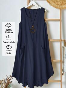 Rusticease Plus Size Country Style Sleeveless Pocket Pleated Hem A-Line Midi Dress, Navy Blue, Spring/Summer Holiday Outfits For Women Vacation Formal Casual - Navy Blue - View 5