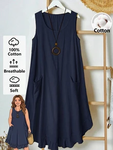Rusticease Plus Size Country Style Sleeveless Pocket Pleated Hem A-Line Midi Dress, Navy Blue, Spring/Summer Holiday Outfits For Women Vacation Formal Casual - Navy Blue - View 2