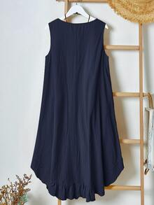 Rusticease Plus Size Country Style Sleeveless Pocket Pleated Hem A-Line Midi Dress, Navy Blue, Spring/Summer Holiday Outfits For Women Vacation Formal Casual - Navy Blue - View 3
