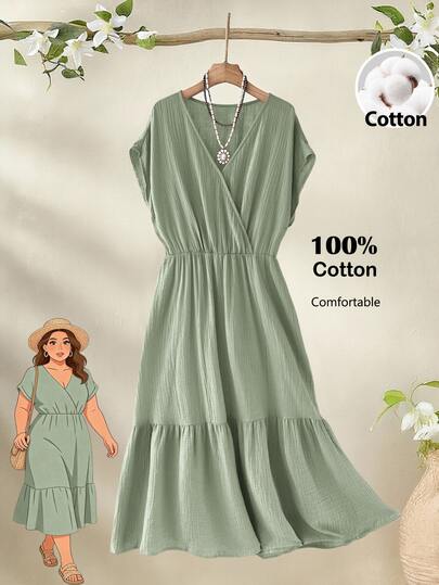 Rusticease Damen-Sommerkleid in Große Größen, Salbeigrün, Boho, lässig, für Urlaub und Ferien, Kurzarm, einfarbig, mittellang, fließend, Cottagecore-Outfit, für Brunch und formelle Anlässe