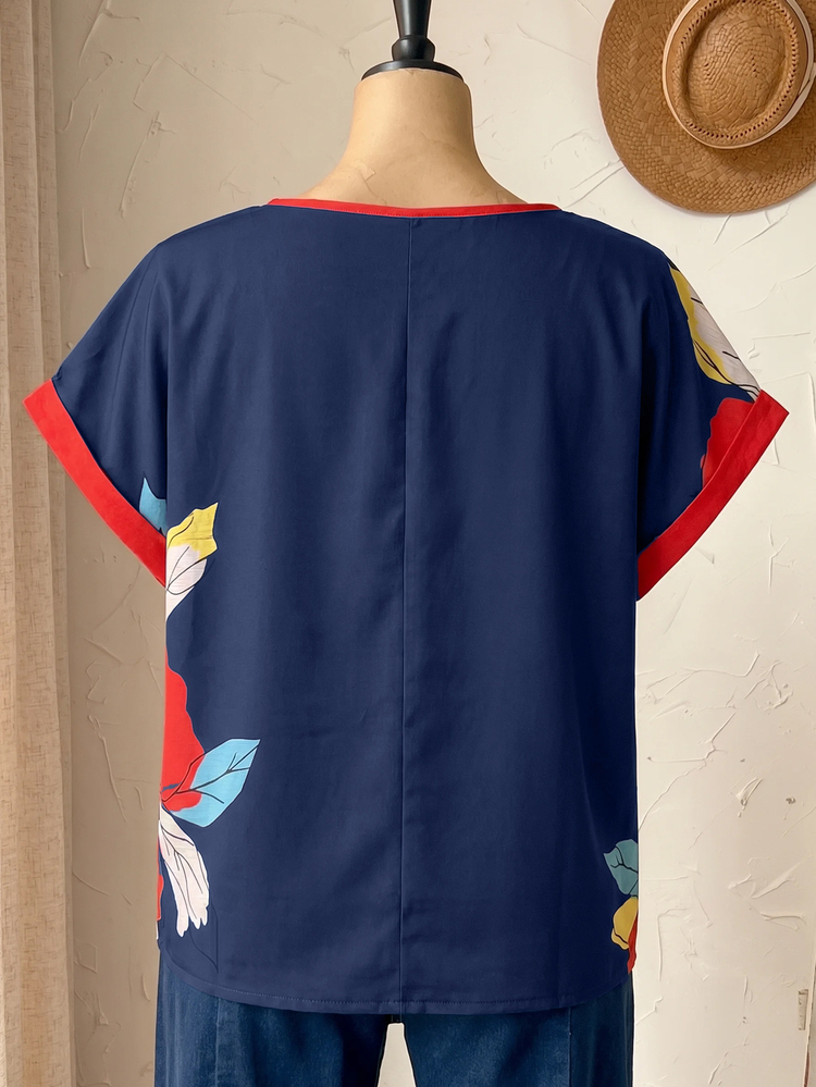 Rusticease Plus Size Women's Navy Blue Summer Floral Print Blouse,Boho Short Sleeve Casual Tops,Vintage Vacation Holiday Style,Fashionable Daily Wear - Navy Blue - View 2