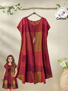 Rusticease Plus Size Geometric Print Round Neck Short Sleeve Slit Casual Dress With Pockets Spring Summer 2026 - Orange - View 1