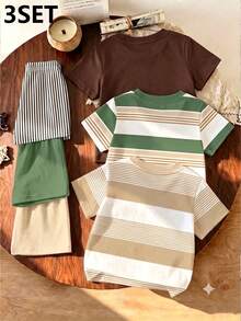 3 Sets Street Classic Business Handsome Striped Classic Print And Print T-Shirt Top Paired With Solid Color Horse Striped Letter Print - Multicolor - View 2