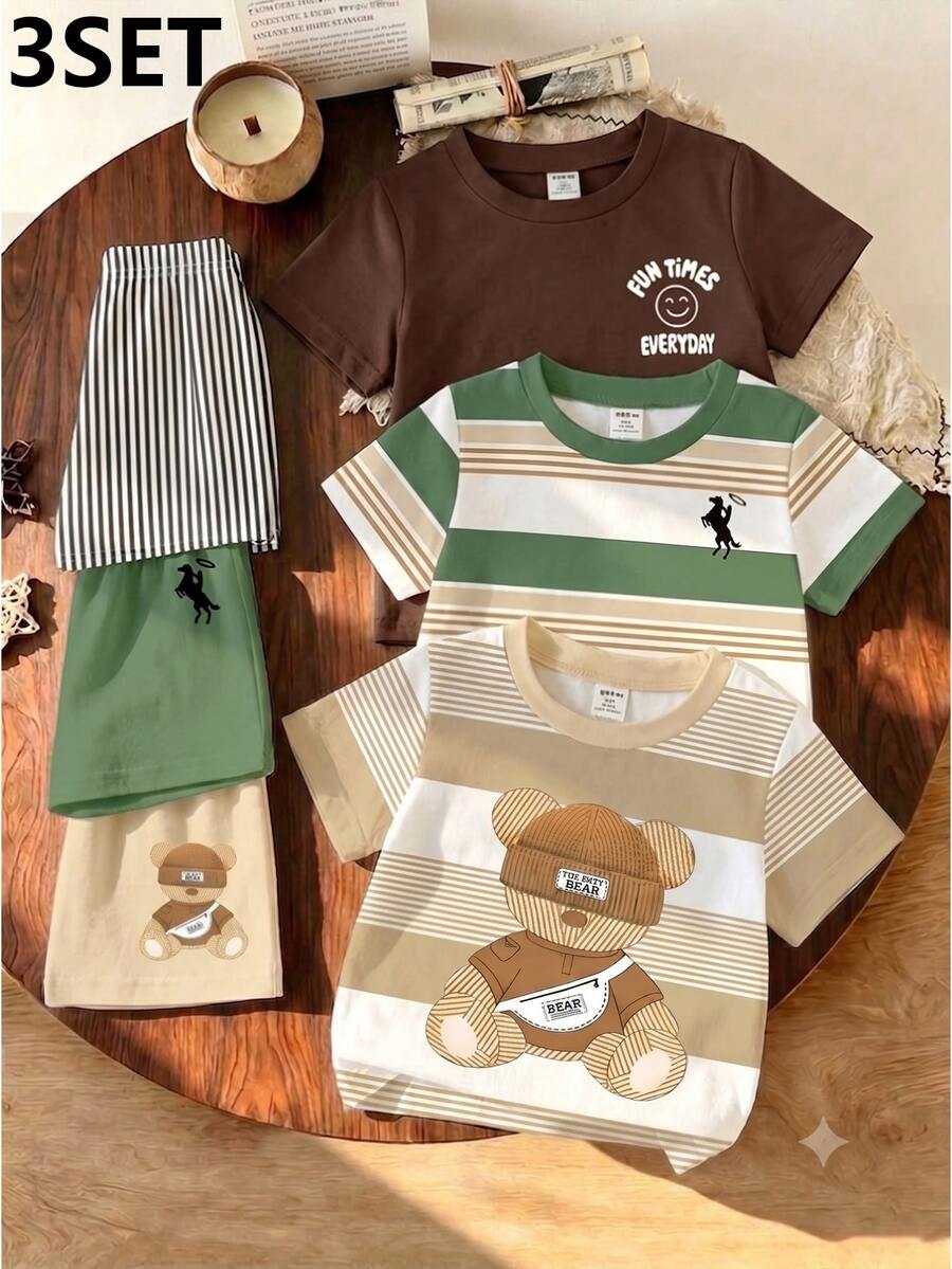 3 Sets Street Classic Business Handsome Striped Classic Print And Print T-Shirt Top Paired With Solid Color Horse Striped Letter Print - Multicolor - View 1
