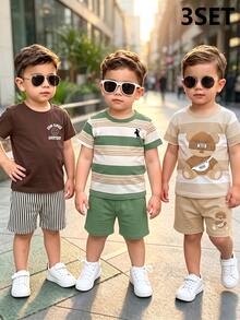 3 Sets Street Classic Business Handsome Striped Classic Print And Print T-Shirt Top Paired With Solid Color Horse Striped Letter Print - Multicolor - View 3