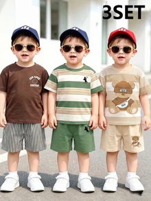 3 Sets Street Classic Business Handsome Striped Classic Print And Print T-Shirt Top Paired With Solid Color Horse Striped Letter Print - Multicolor - View 4