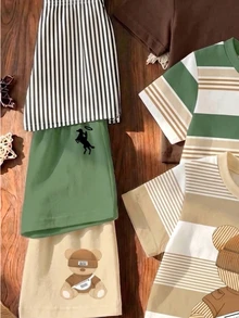 3 Sets Street Classic Business Handsome Striped Classic Print And Print T-Shirt Top Paired With Solid Color Horse Striped Letter Print - Multicolor - View 6