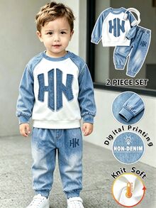 SHEIN 2pcs Baby Boys Sweatshirt Set Casual Racing Blue White Letter Print Loose Fit Crew Neck Regular School Fall Outfits Autumn Back To School Club - Multicolor - View 1
