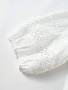 Rusticease Blusa de talla grande para vacaciones de verano, unicolor, cuello con volantes, patchwork, encaje soluble en agua, botones delanteros y mangas farol - Blanco - Ver 4