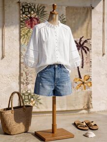 Rusticease Blusa de talla grande para vacaciones de verano, unicolor, cuello con volantes, patchwork, encaje soluble en agua, botones delanteros y mangas farol - Blanco - Ver 3