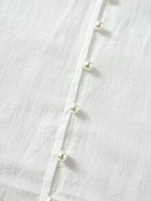Rusticease Blusa de talla grande para vacaciones de verano, unicolor, cuello con volantes, patchwork, encaje soluble en agua, botones delanteros y mangas farol - Blanco - Ver 6