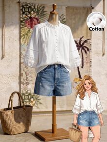 Rusticease Blusa de talla grande para vacaciones de verano, unicolor, cuello con volantes, patchwork, encaje soluble en agua, botones delanteros y mangas farol - Blanco - Ver 1