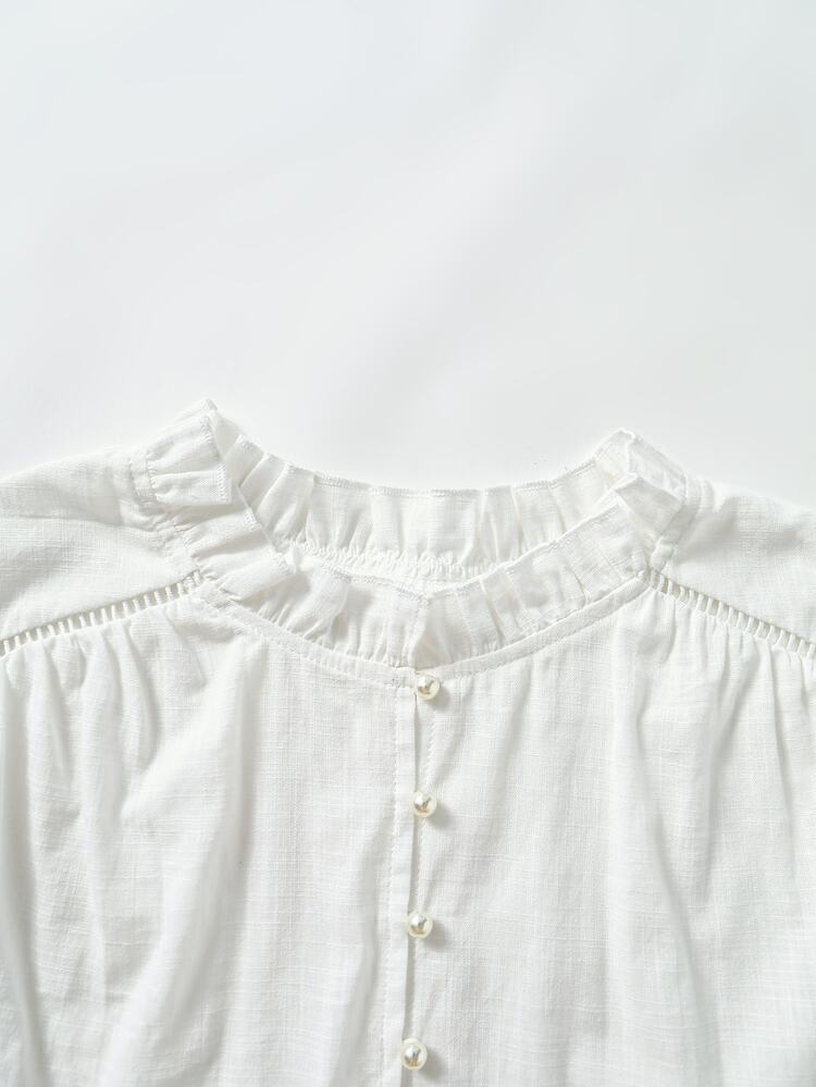 Rusticease Blusa de talla grande para vacaciones de verano, unicolor, cuello con volantes, patchwork, encaje soluble en agua, botones delanteros y mangas farol - Blanco - Añade 5