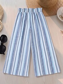 Rusticease Plus Size Vacation Minimalist Casual Blue And White Colorblock Drawstring Waist Loose Pants Beach Autumn Fall - Blue - View 5